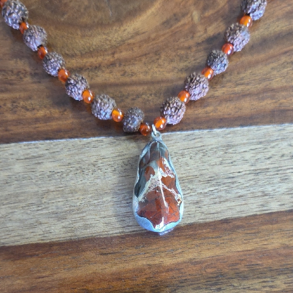 Elegant Brecciated Jasper Pendant with Brown and Carnelian Beaded Necklace 19"